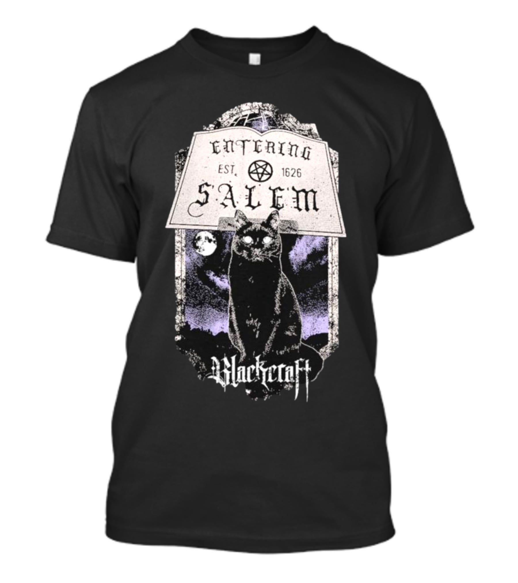 Blackcraft Cult Entering Salem Est. 1626 Black Cat And Crescent Moon Scene T-Shirt