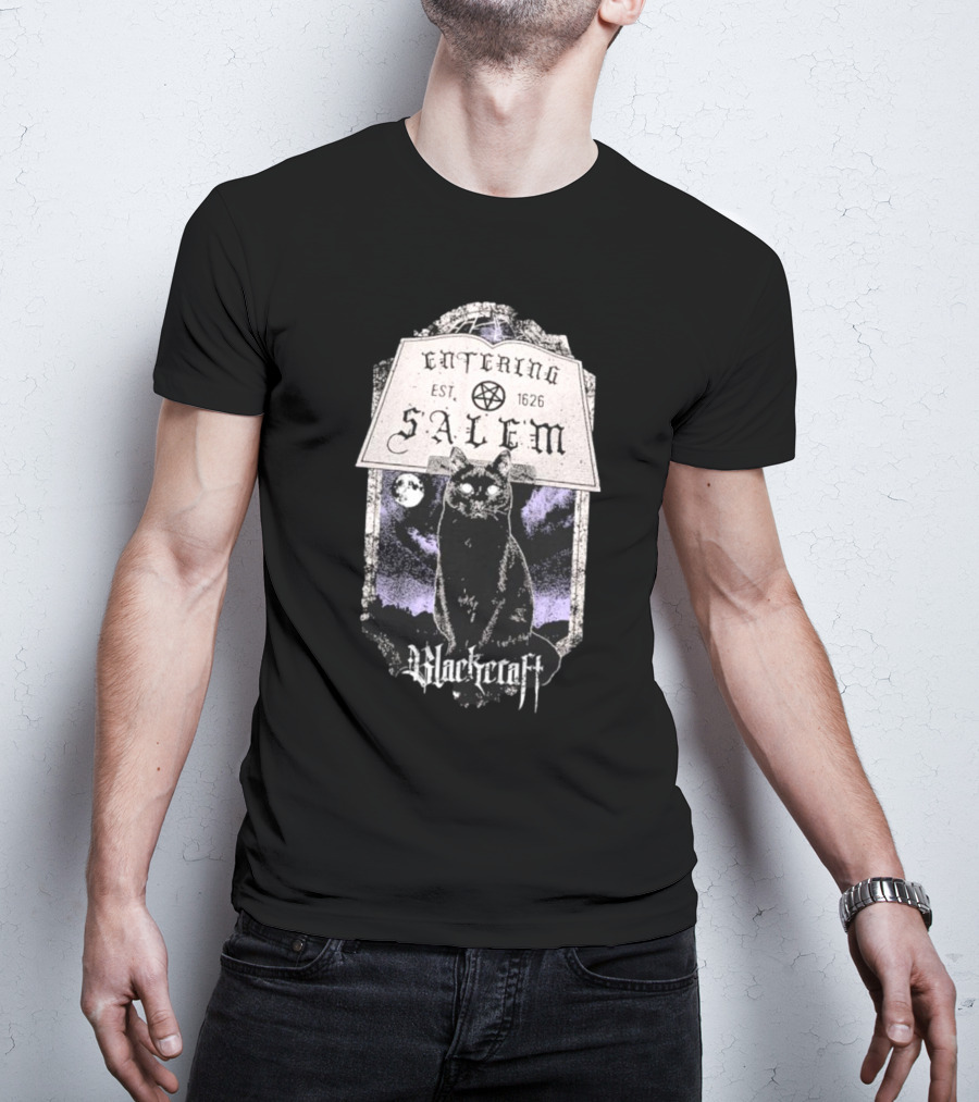 Blackcraft Cult Entering Salem Est. 1626 Black Cat And Crescent Moon Scene T-Shirt