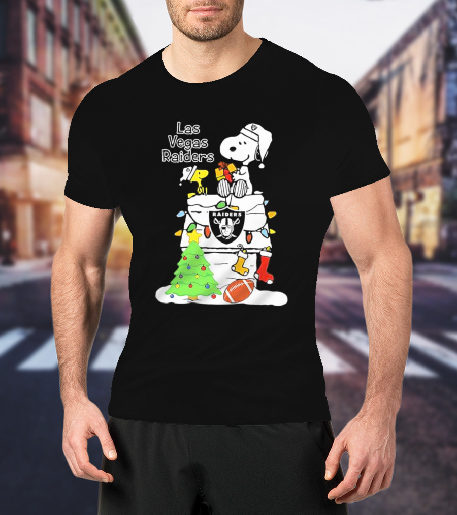 Las Vegas Raiders NFL Christmas Snoopy And Woodstock With Tree And Football T-Shirt