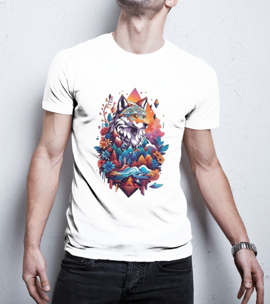 Colorful Geometric Wolf With Mountains And Flowers T-Shirt