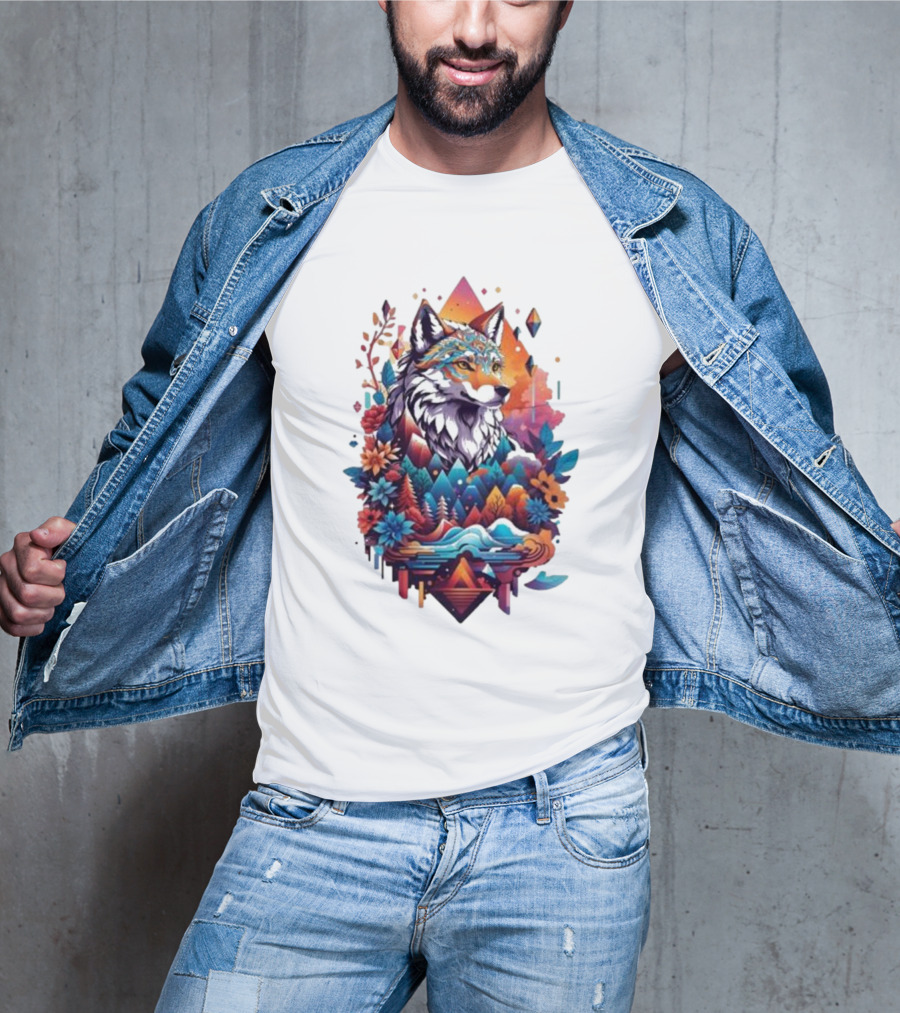 Colorful Geometric Wolf With Mountains And Flowers T-Shirt