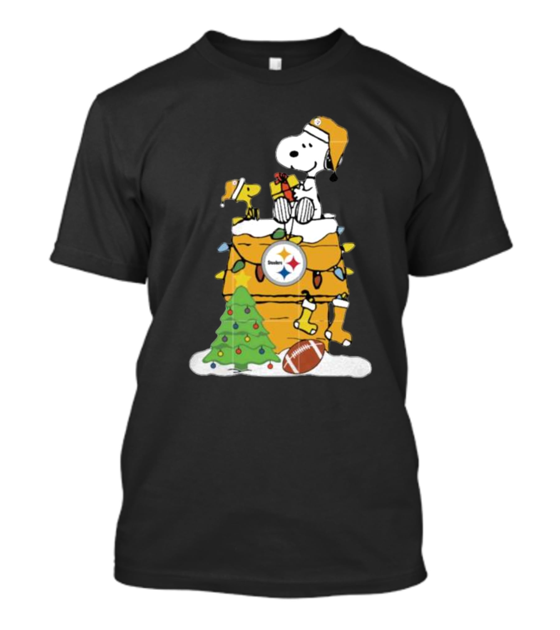 Snoopy And Pittsburgh Steelers Christmas Chimney Scene With Woodstock And Holiday Decorations T-Shirt