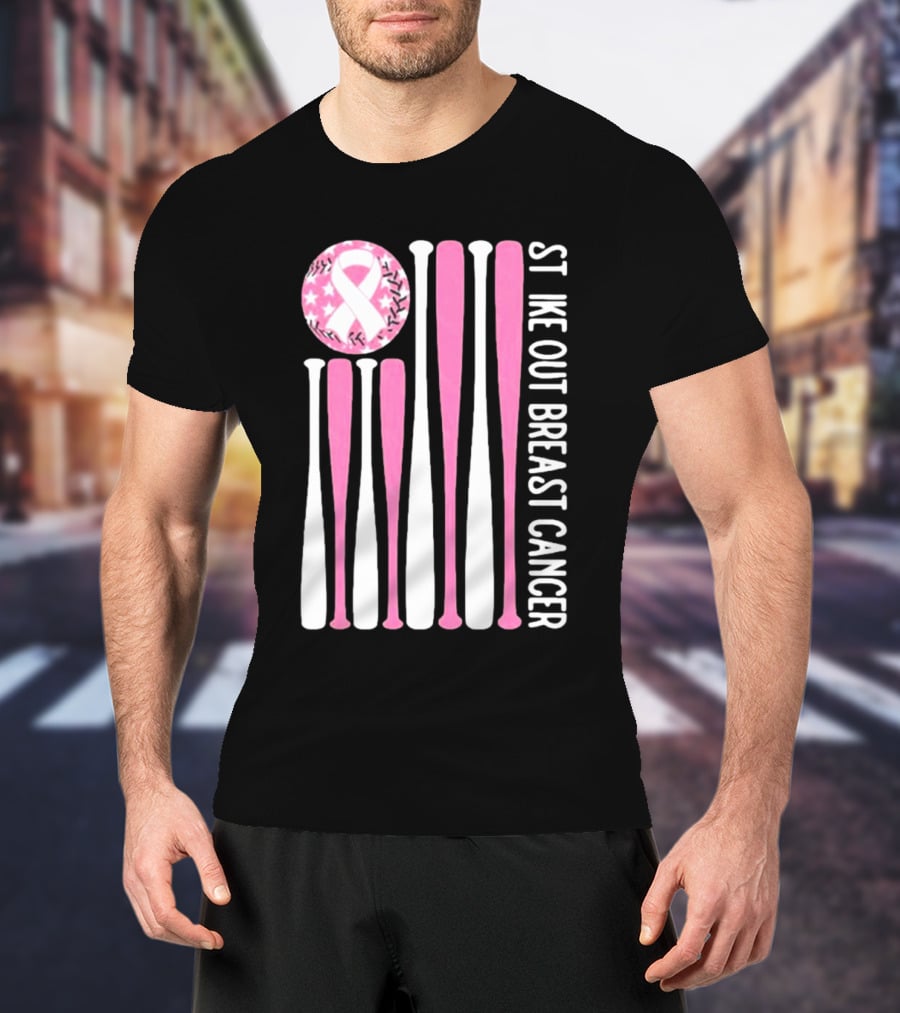 Strike Out Breast Cancer Baseball Pink Ribbon American Flag T-Shirt