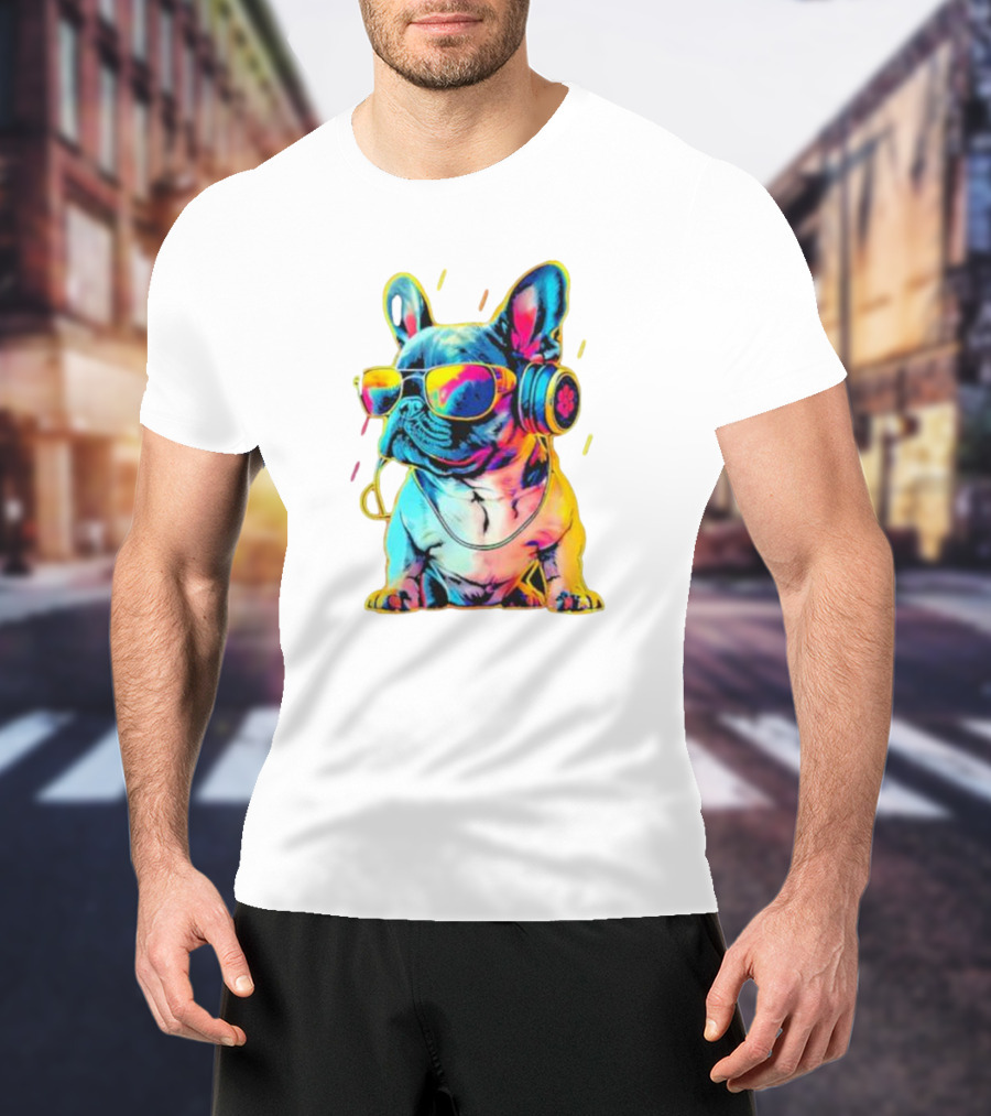 Bulldog Neon Headphones Vibrant Colors T-Shirt
