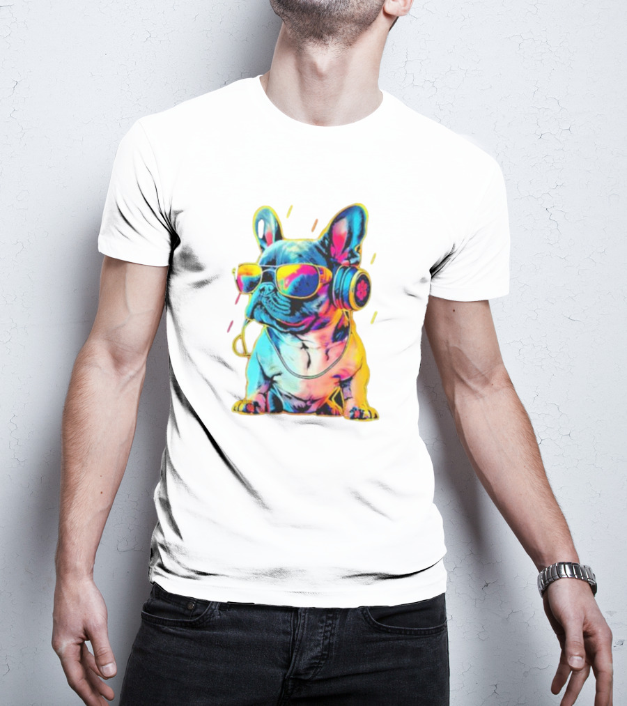 Bulldog Neon Headphones Vibrant Colors T-Shirt
