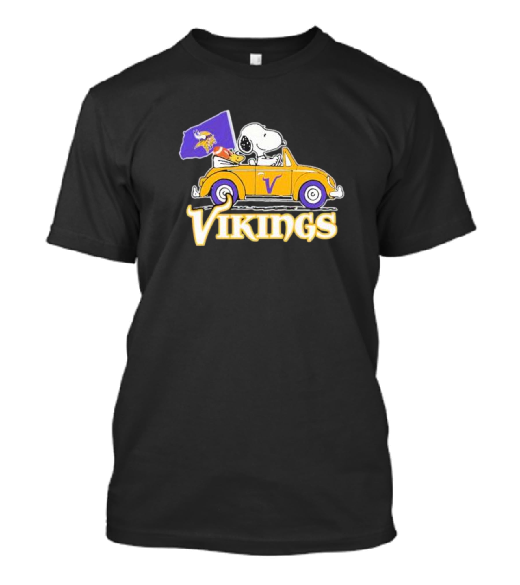 Snoopy Woodstock Driving Car With Vikings Flag Minnesota NFL T-Shirt