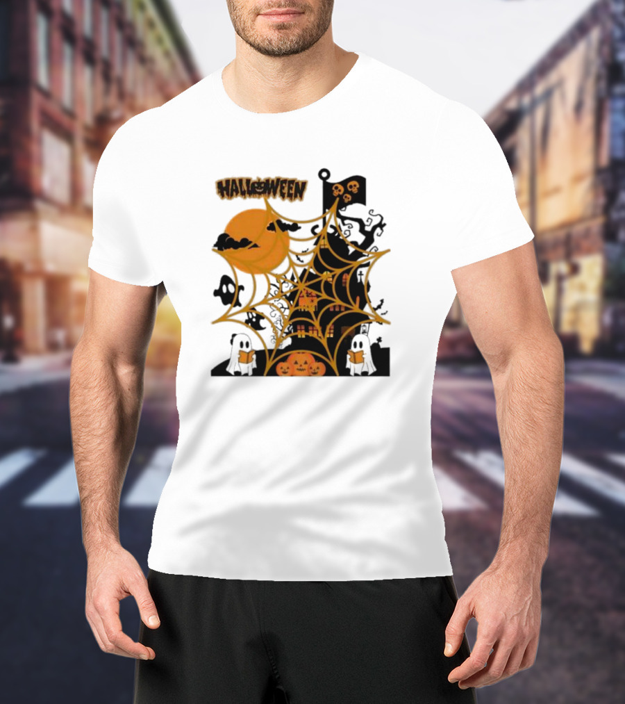 Halloween Spider Web Castle Moon Ghosts Pumpkins T-Shirt