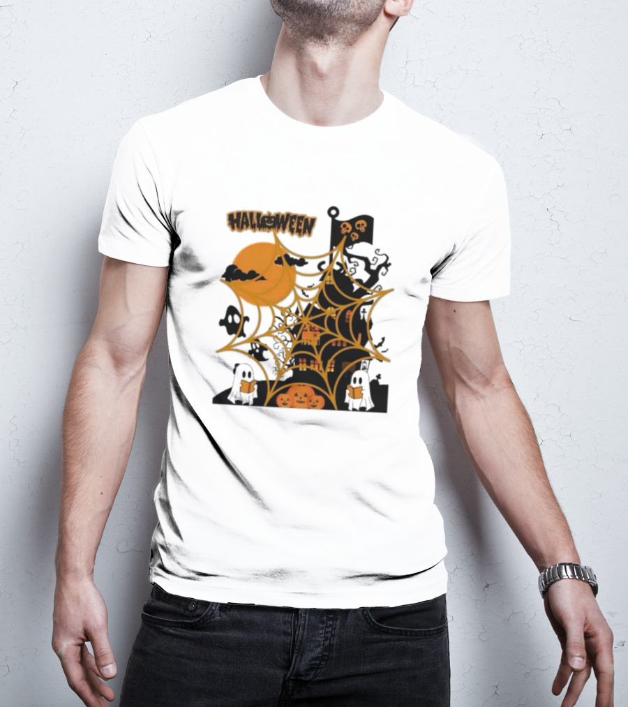 Halloween Spider Web Castle Moon Ghosts Pumpkins T-Shirt