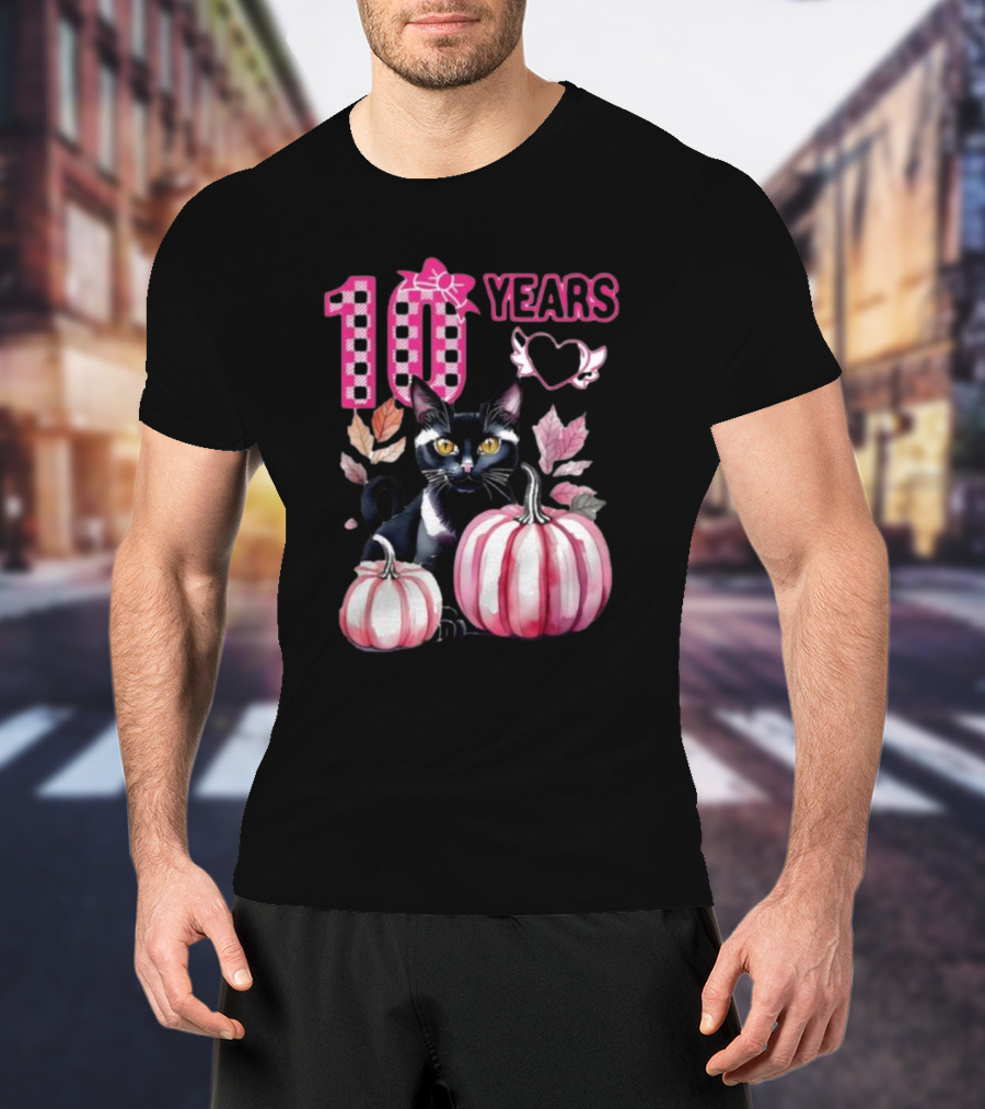 10 Years Black Cat Pink Pumpkin Birthday T-Shirt