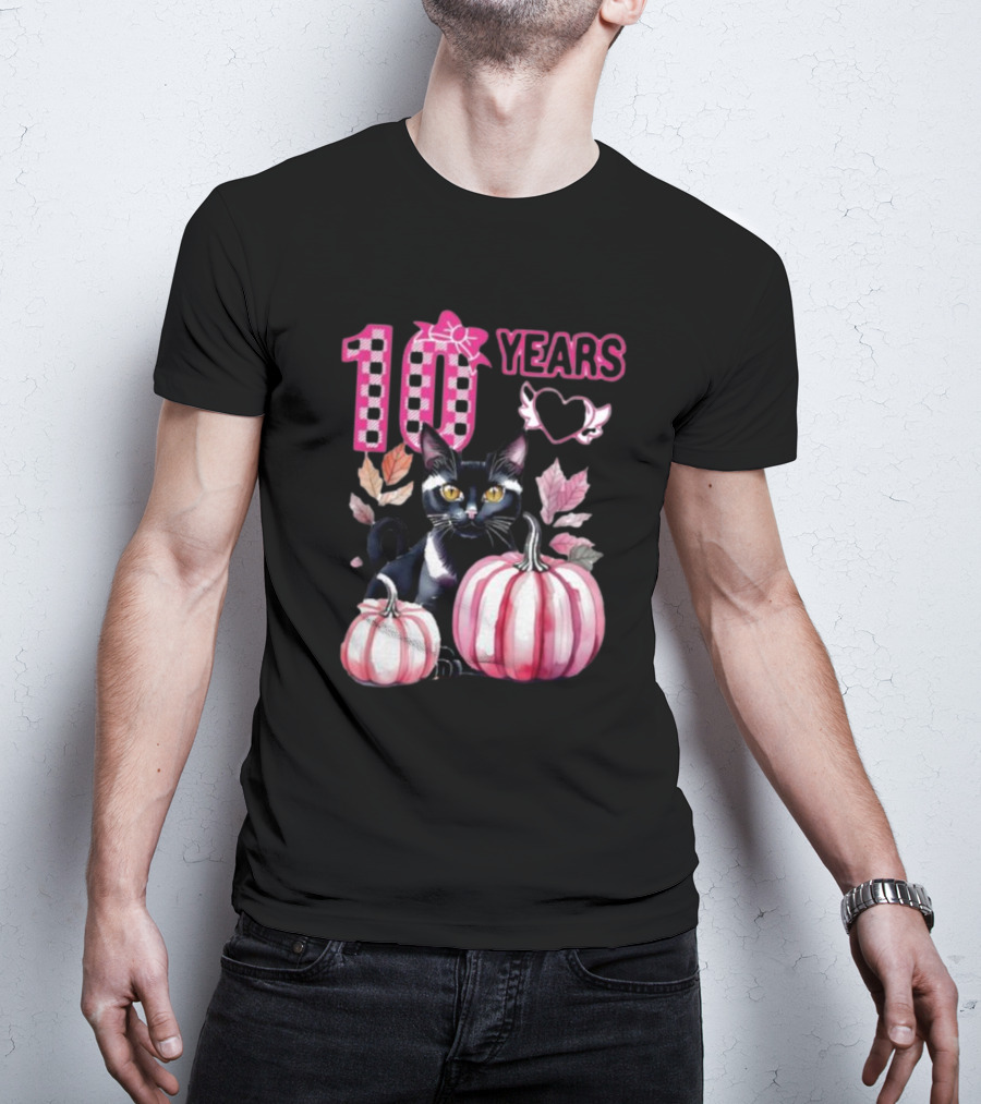 10 Years Black Cat Pink Pumpkin Birthday T-Shirt