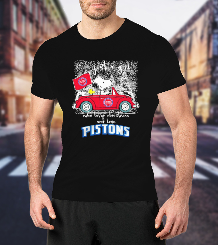 Snoopy And Woodstock Just A Girl Who Loves Christmas And Detroit Pistons T-Shirt