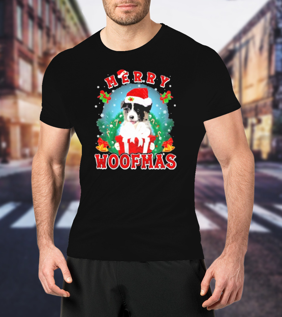 Merry Woofmas Australian Shepherd Dog In Santa Hat With Christmas Gift T-Shirt
