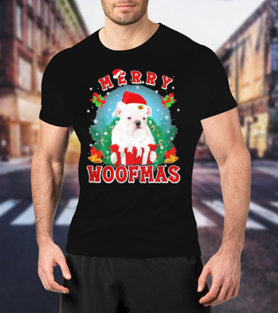 Bulldog In Santa Hat Merry Woofmas With Gifts And Bells T-Shirt