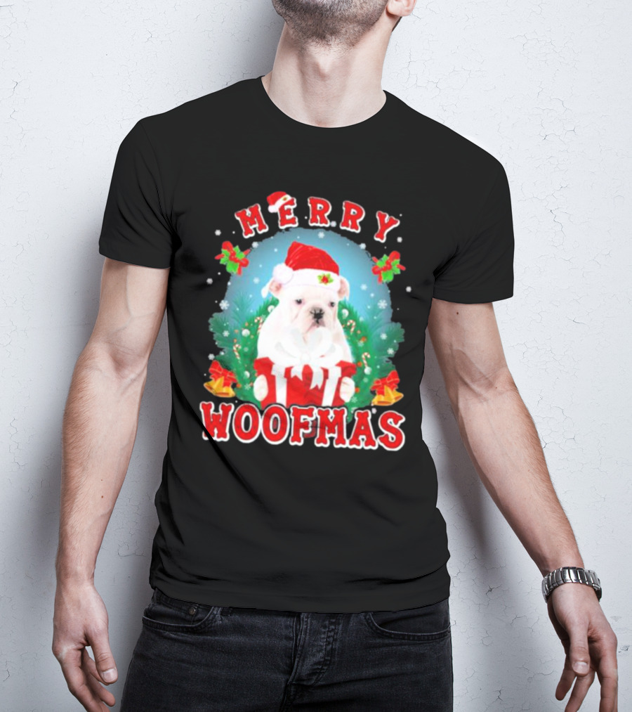 Bulldog In Santa Hat Merry Woofmas With Gifts And Bells T-Shirt