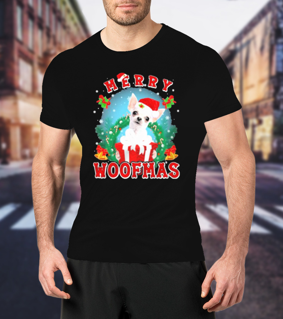 Chihuahua Merry Woofmas Santa Hat Wreath And Gift Box T-Shirt