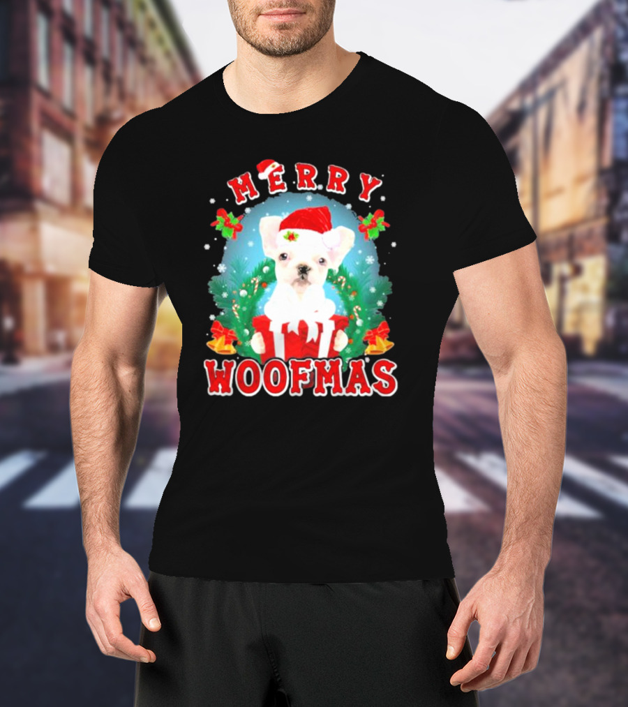 French Bulldog Merry Woofmas Holiday Joy Santa Hat Clematis Snow Christmas Wreath T-Shirt