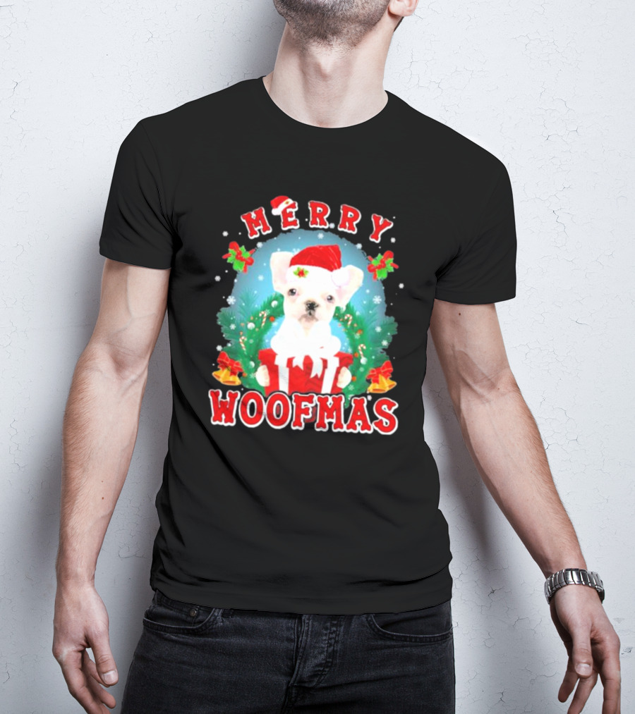 French Bulldog Merry Woofmas Holiday Joy Santa Hat Clematis Snow Christmas Wreath T-Shirt