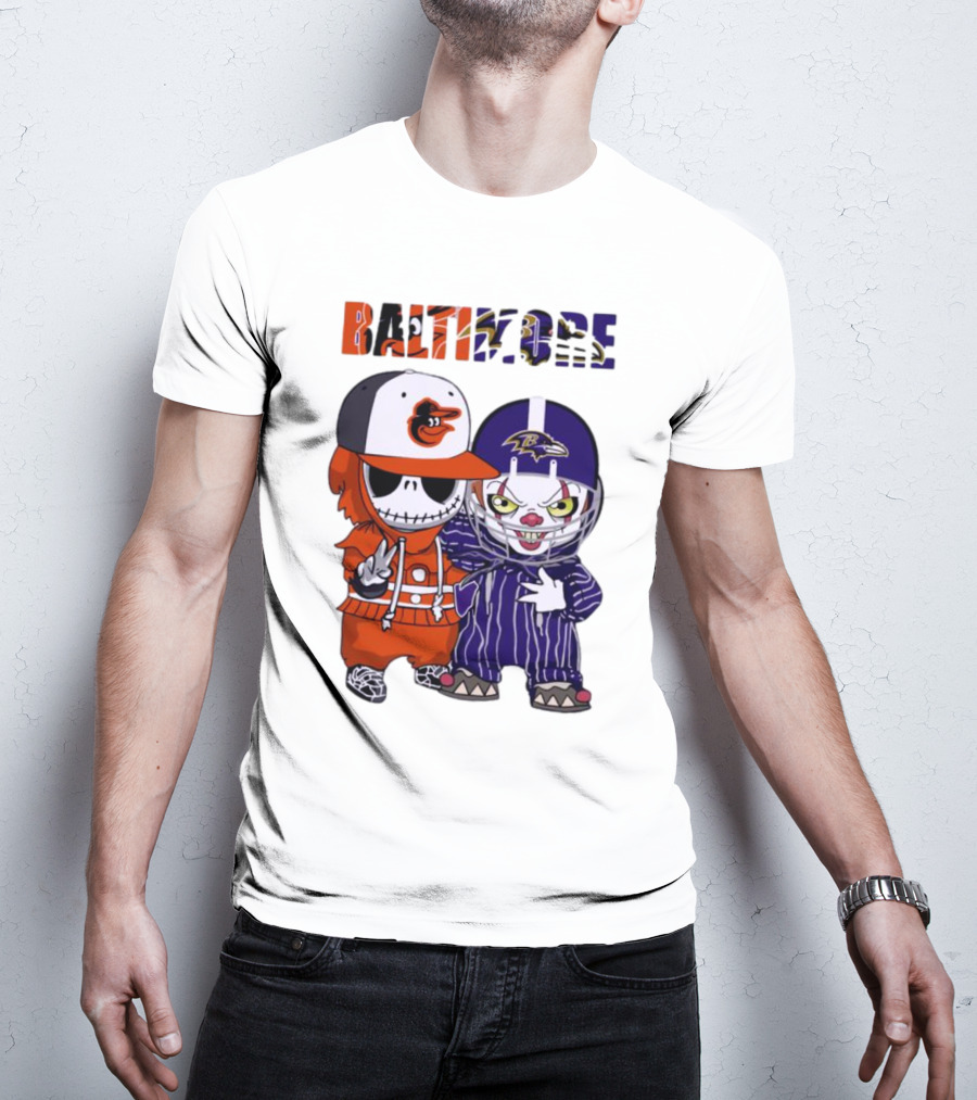 Baby Jack Skellington Pennywise Mashup Baltimore Orioles Ravens Halloween T-Shirt