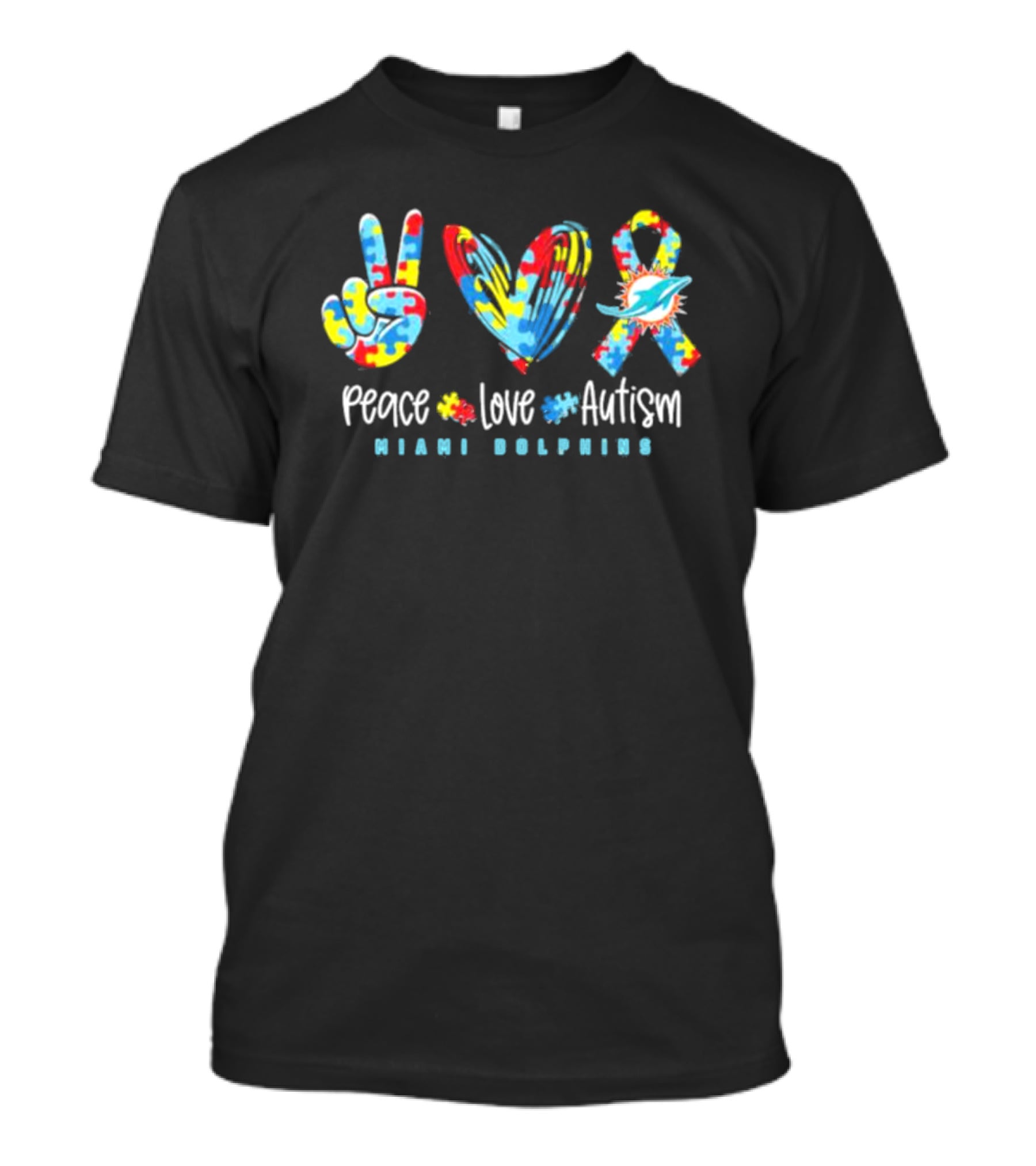 Peace Love Autism Miami Dolphins NFL Puzzle T-Shirt