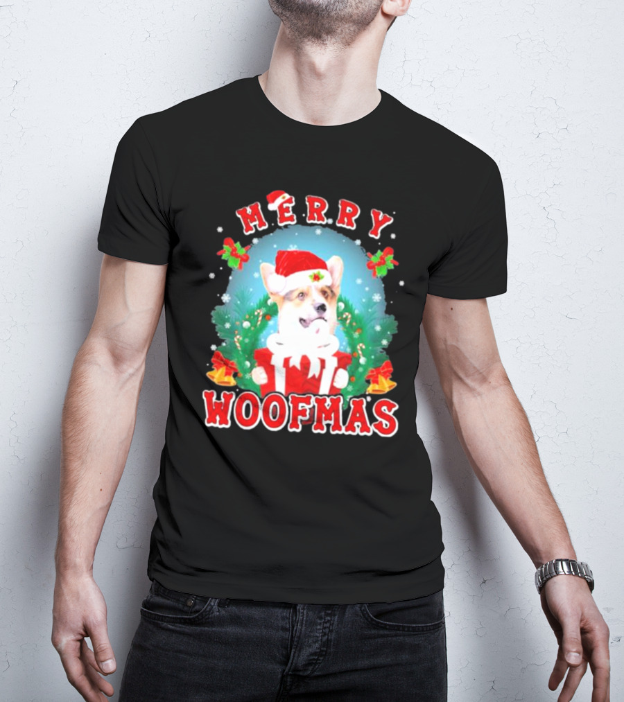 Merry Woofmas Welsh Corgi In Santa Hat With Presents And Christmas Decorations T-Shirt