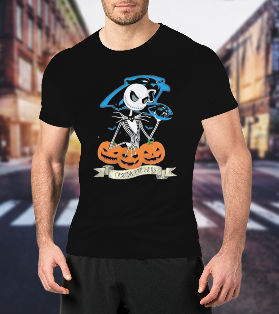 NFL Carolina Panthers Jack Skellington Halloween Football Pumpkins T-Shirt