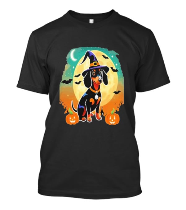 Dachshund Dog Witch Hat Moon Bats Pumpkins T-Shirt
