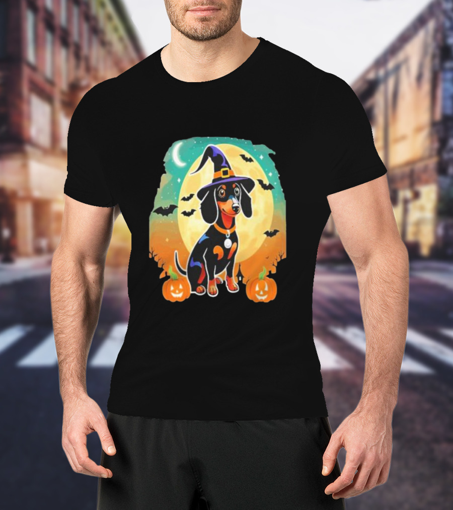 Dachshund Dog Witch Hat Moon Bats Pumpkins T-Shirt