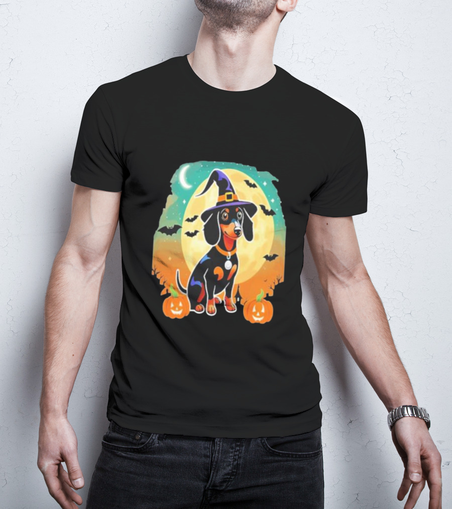 Dachshund Dog Witch Hat Moon Bats Pumpkins T-Shirt