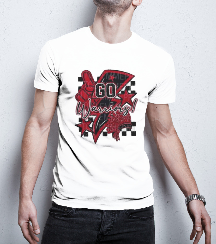 Go Warriors Football Sublimation With Foam Finger And Red Headdress T-Shirt