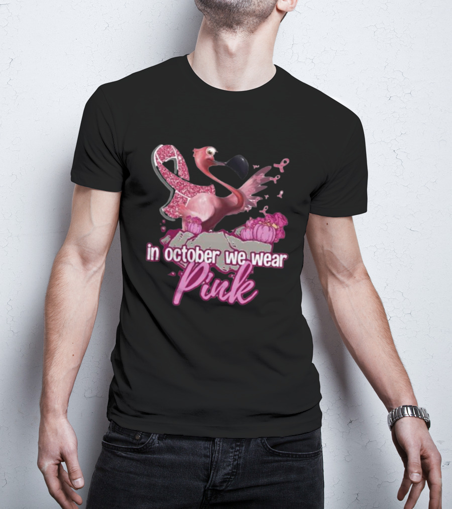 In October We Wear Pink Flamingo Breast Cancer Awareness Halloween T-Shirt