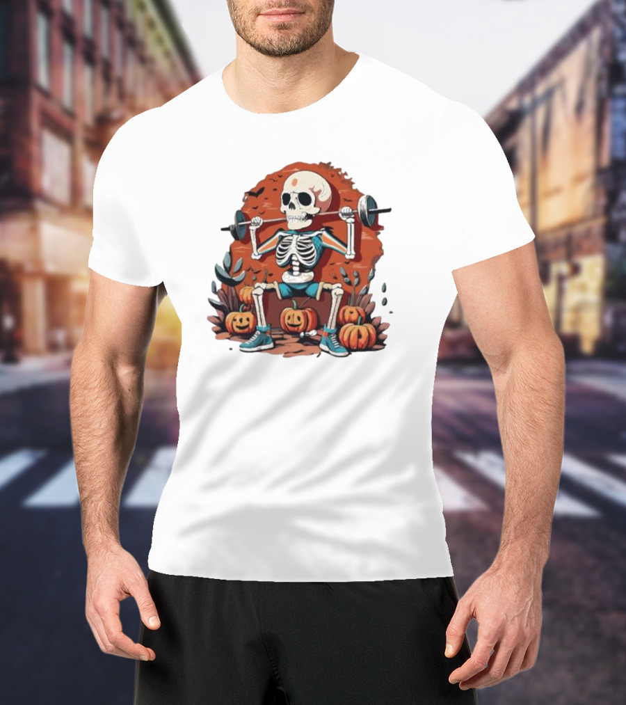 Skeleton Lifting Weights With Pumpkins Halloween Fitness T-Shirt