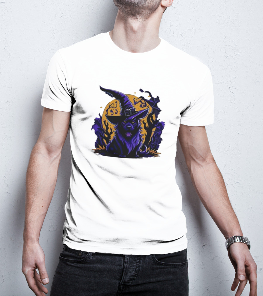 Halloween Witch Dog In Spooky Forest Horror Scene T-Shirt