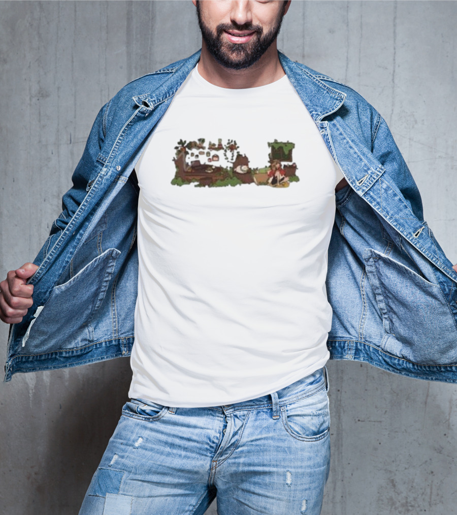 Woodlands Snifferish X Pop Cozy Cottage Scene With Greenery And Logs T-Shirt