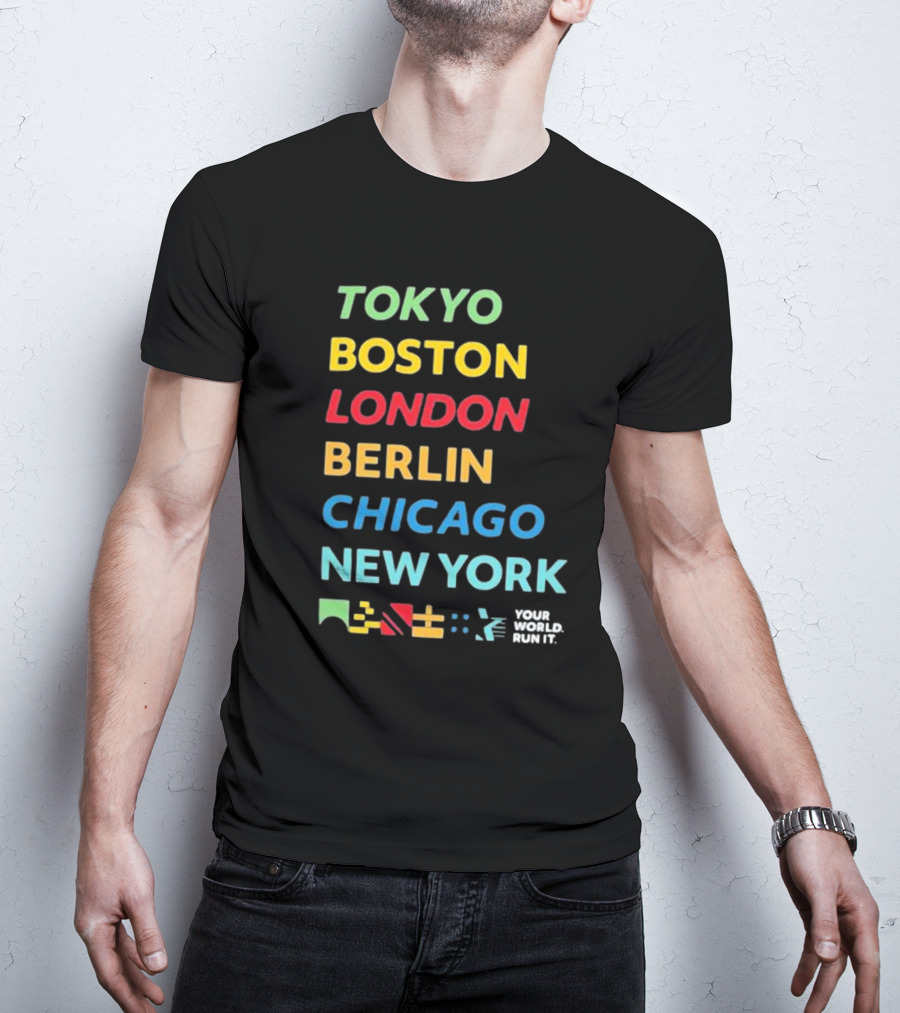 World Marathon Majors Tokyo Boston London Berlin Chicago New York Your World Run It Sportiqe Comfy Tri-blend T-Shirt