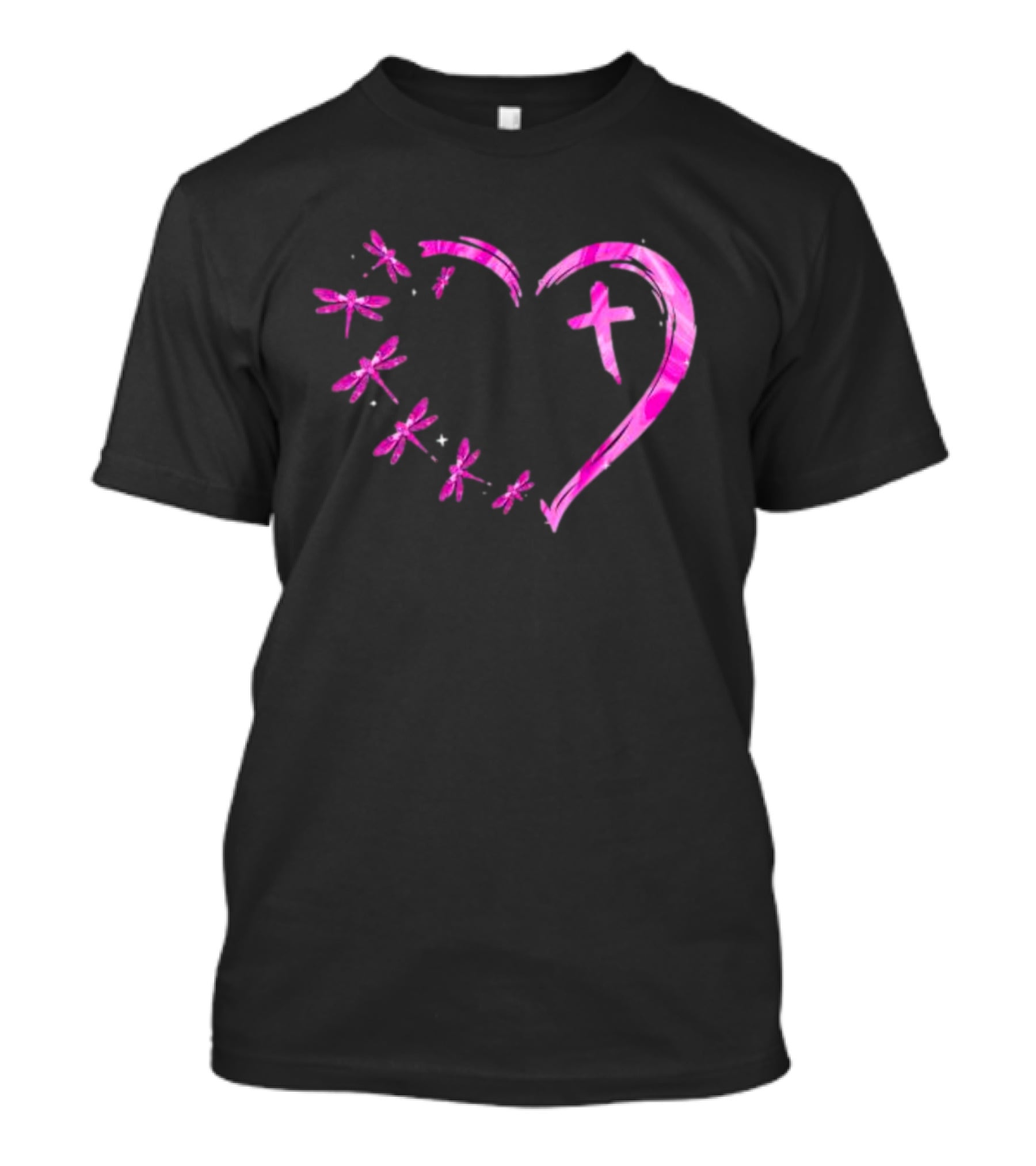Dragonfly Pink Diamond Heart Cross Motif T-Shirt
