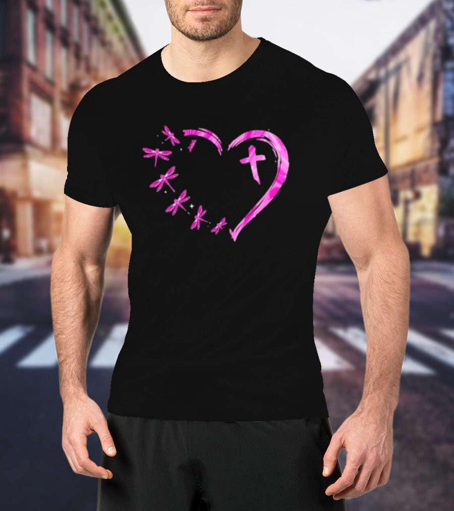 Dragonfly Pink Diamond Heart Cross Motif T-Shirt