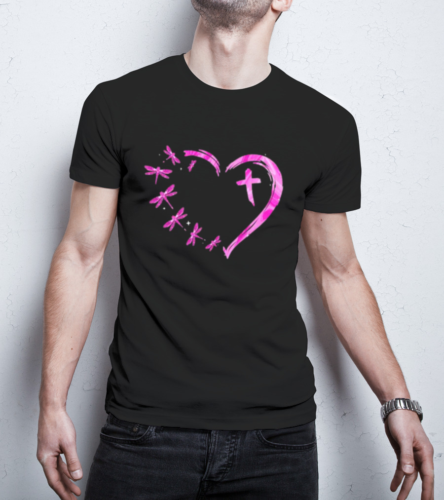 Dragonfly Pink Diamond Heart Cross Motif T-Shirt