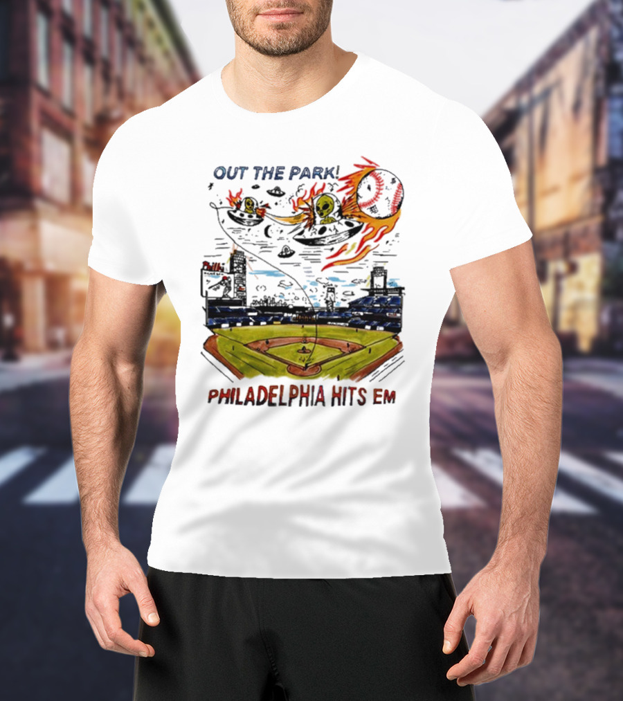 Out The Park Philadelphia Hits 'Em Alien Baseball Explosion T-Shirt