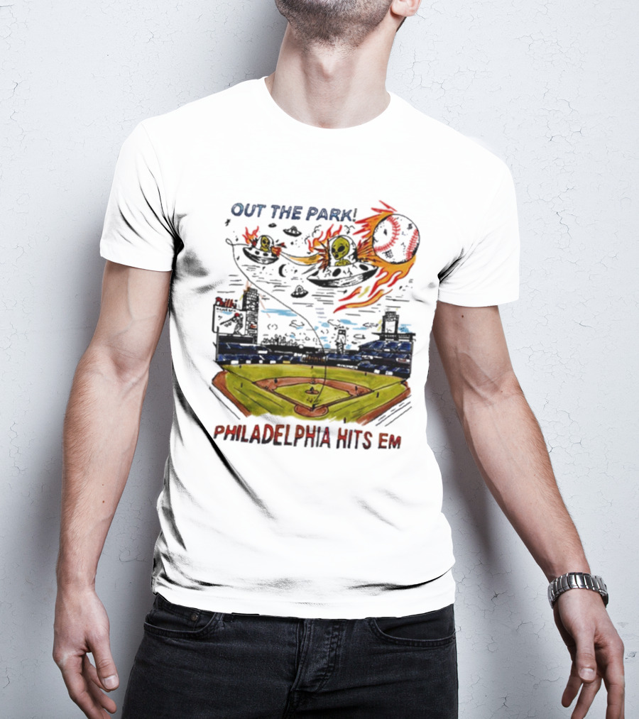 Out The Park Philadelphia Hits 'Em Alien Baseball Explosion T-Shirt