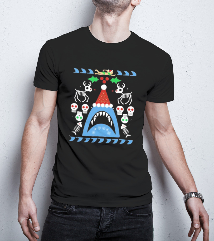 Santa Jaws Ugly Christmas Sweater With Shark, Skeleton Reindeer, And Skulls T-Shirt