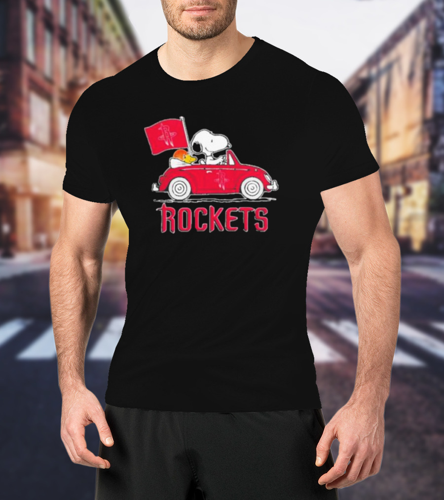Houston Rockets Snoopy Dog Driving Red Car With Basketball Flag T-Shirt