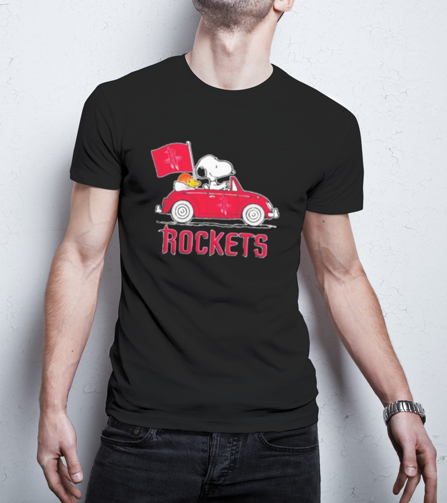 Houston Rockets Snoopy Dog Driving Red Car With Basketball Flag T-Shirt