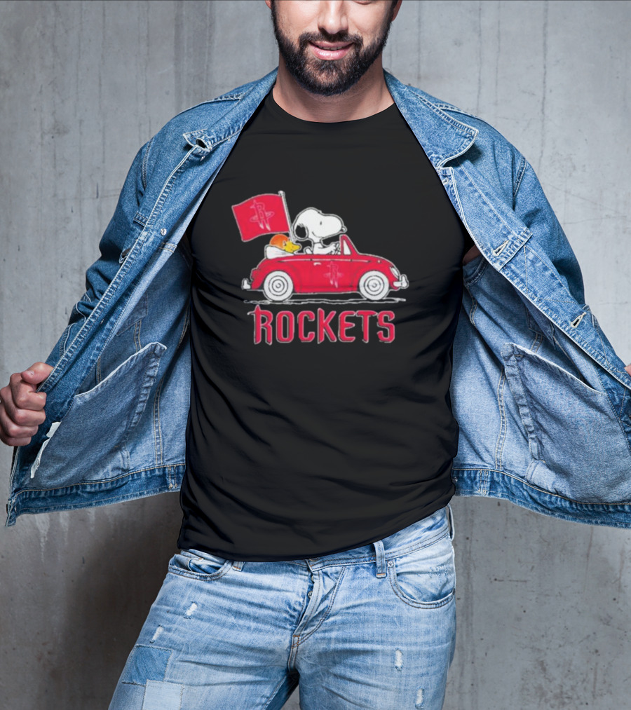 Houston Rockets Snoopy Dog Driving Red Car With Basketball Flag T-Shirt