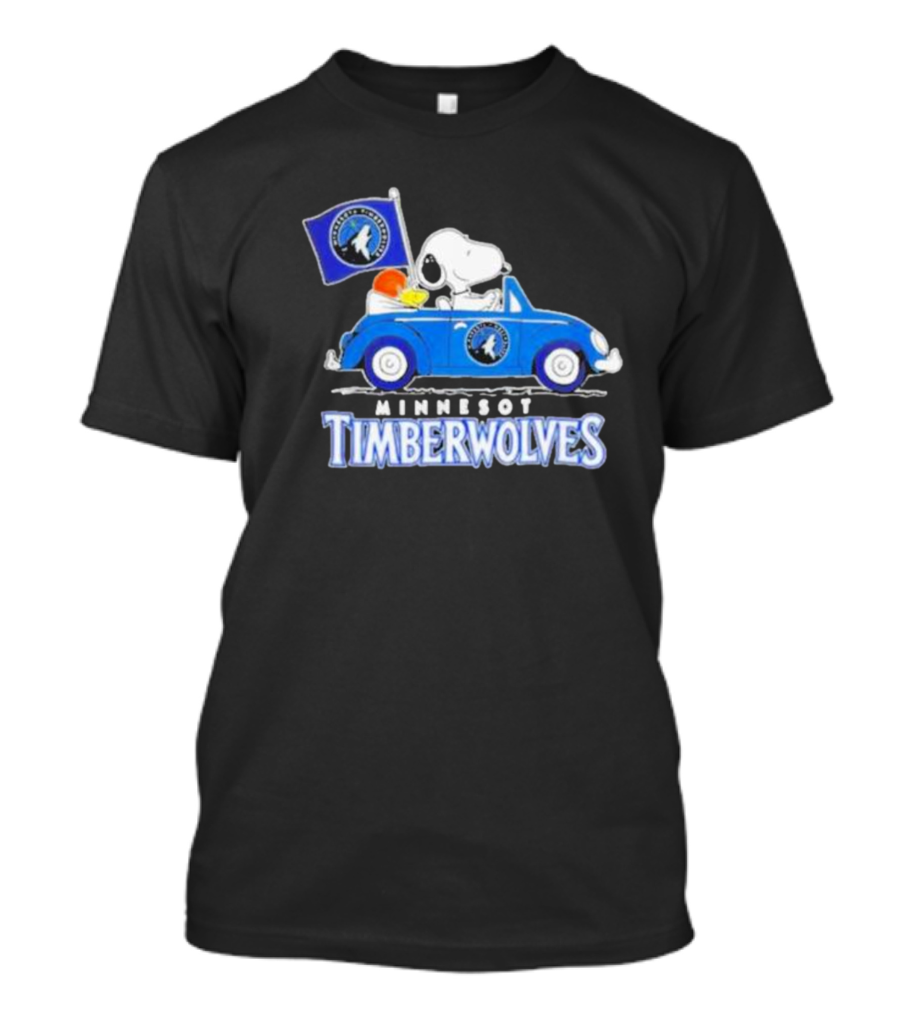 Minnesota Timberwolves Snoopy Dog Driving Blue Car Holding Basketball Flag T-Shirt