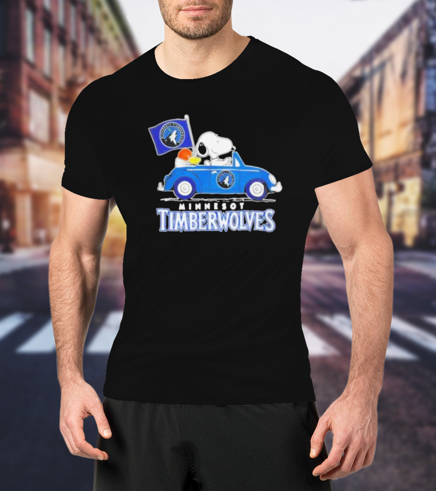 Minnesota Timberwolves Snoopy Dog Driving Blue Car Holding Basketball Flag T-Shirt