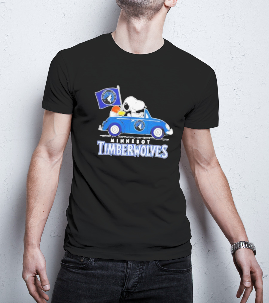 Minnesota Timberwolves Snoopy Dog Driving Blue Car Holding Basketball Flag T-Shirt