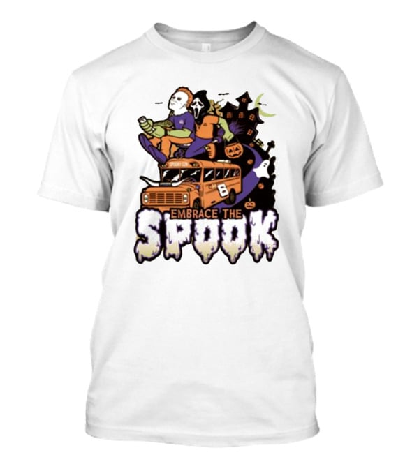 Embrace The Spook Bus With Horror Characters And Haunted House T-Shirt