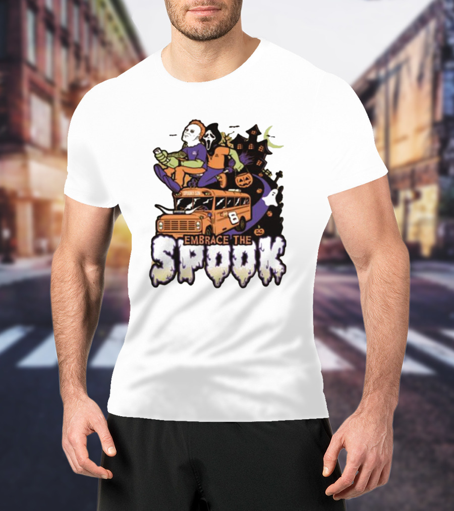 Embrace The Spook Bus With Horror Characters And Haunted House T-Shirt