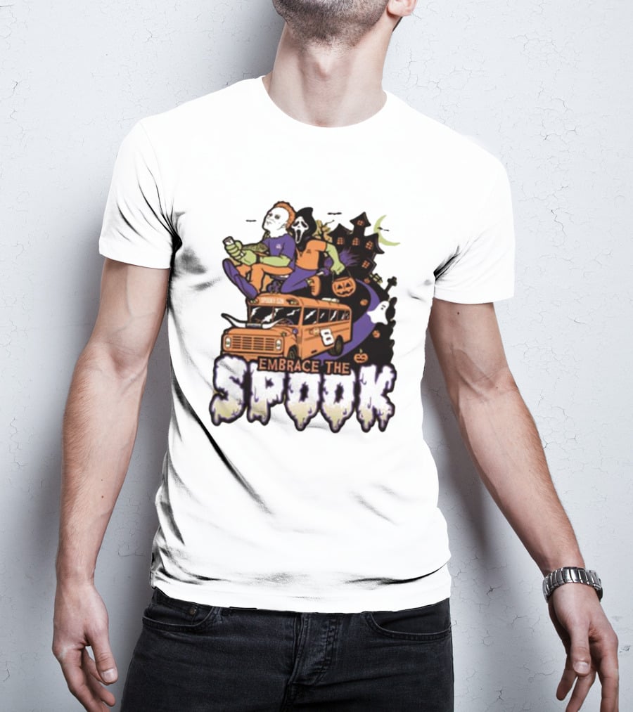 Embrace The Spook Bus With Horror Characters And Haunted House T-Shirt