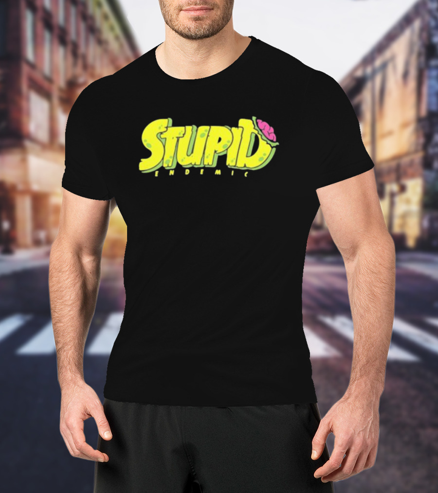 STUPID ENDEMIC Green Text With Brain Motif T-Shirt